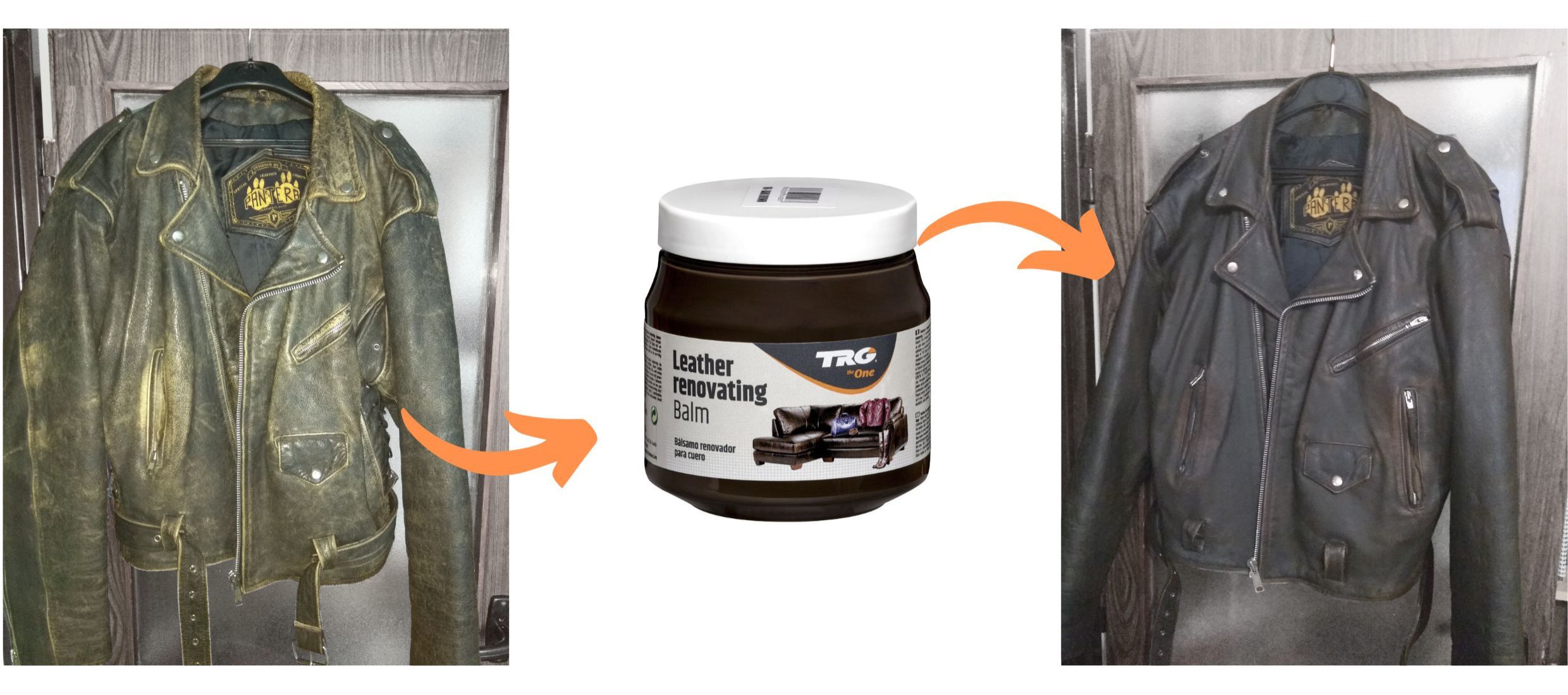 Hnědý Krém na kožené bundy 106 Dark Brown Leather Renovating Balm TRG ukázka použití